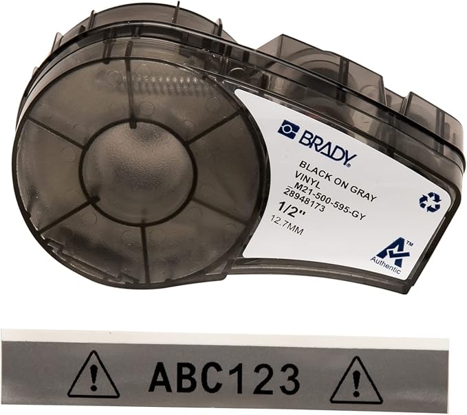 Brady Authentic (M21-500-595-GY) All-Weather Vinyl Label for Indoor/Outdoor ID, Lab and Equipment Labeling, Black on Gray- For M210, M210-LAB, M211, BMP21-PLUS and BMP21-LAB Printers, .5" W, 21' L