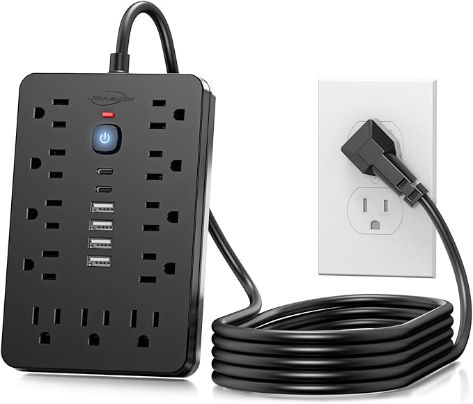JouleLoom 10 FT Flat Plug Surge Protector Power Strip,11 Multiple AC Outlets with 6 USB Ports (2 USB C), 10 Feet Extension Cord, 1250W/10A, One Touch Switch Button, 17 in 1 Compact powerstrip