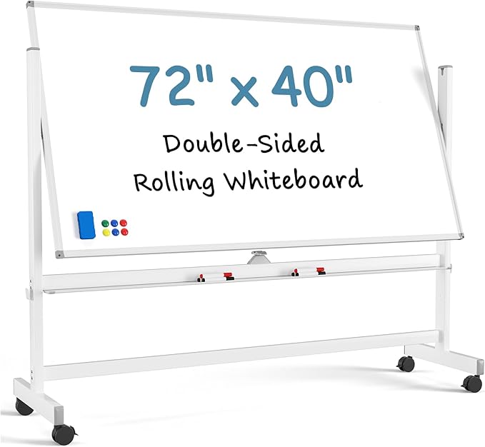 MaxGear Rolling Whiteboard, 72 x 40 Inch Double-Sided Magnetic Dry Erase Board on Wheels, 3 Height Adjustable Mobile Whiteboard with Locking Casters for Office, Classroom, Training