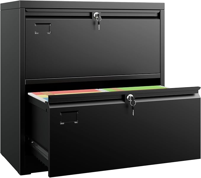 SUXXAN Metal 2 Drawer Lateral File Cabinet with Lock - Wide Filing Cabinet for Letter/Legal/F4/A4 Hanging Files - Includes Business Card Holder,Home Office School Storage,Black