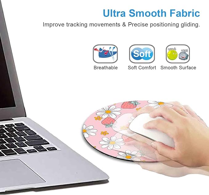 IMAYONDIA Round Pink Mouse Pad, Strawberry MousePad Small, Circular Pastel Floral Mouse Mat for Wireless Mouse, Non-Slip Rubber Base Cute Design Mice Pad for Laptop Computer Travel Women Kids, Flowers