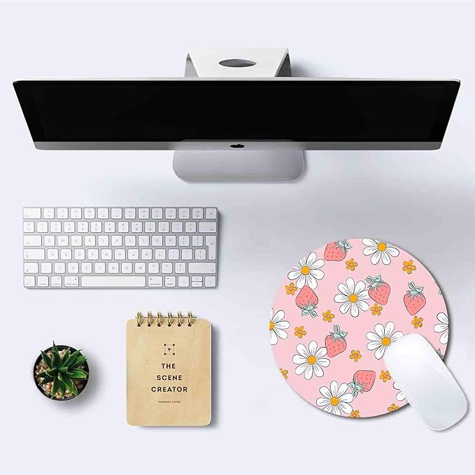 IMAYONDIA Round Pink Mouse Pad, Strawberry MousePad Small, Circular Pastel Floral Mouse Mat for Wireless Mouse, Non-Slip Rubber Base Cute Design Mice Pad for Laptop Computer Travel Women Kids, Flowers