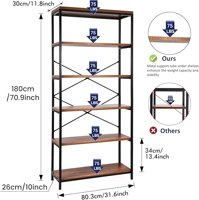 Himimi 6 Tier Industrial Bookshelf, Vintage Standing Storage Shelf, Display Shelving Units, Tall Bookcase, Industrial Metal Book Shelves for Living Room Bedroom and Home Office