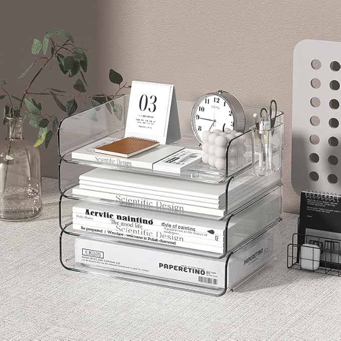 FANXIYQ 4-Tier Stackable Paper Tray Organizer for Desk with Detachable Hanging Pen Cup - Durable PET Desktop Paper Organizer, Space-Saving Desk Accessory