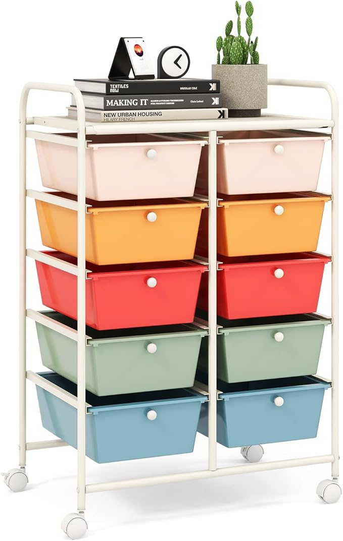 LDAILY 10 Drawer Rolling Cart, Storage Cart Organizer on Wheels, Drawer Cart with Metal Frame & Large Storage Capacity, Rolling Cart with Drawers for Living Room Classroom, Office