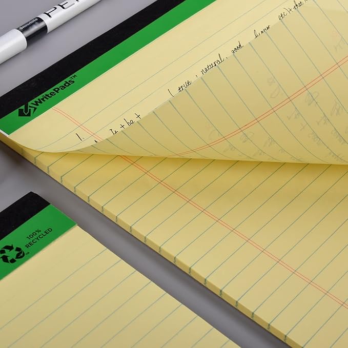 KAISA Yellow Legal Pads Writing Pads Recycled Paper 8.5"x11.75" Wide Ruled Perforated 50 sheets Hard Back Notepads 8-1/2"x 11-3/4" Writing Tablet Canary For Office Supplies (Canary 3pads)
