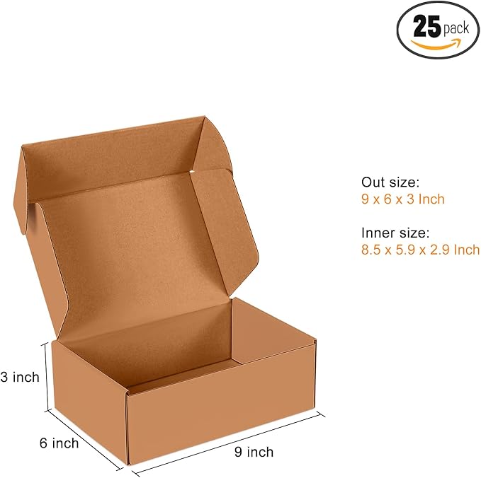 JOWLOT 9x6x3 inch Small Shipping Boxes Set of 25, Brown Corrugated Cardboard Box Literature Mailer for Mailing Packing Moving and Storage