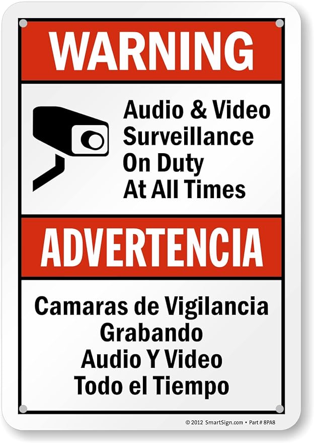 SmartSign 10 x 7 inch “Warning - Audio & Video Surveillance On Duty At All Times” Bilingual Sign, Digitally Printed, 55 mil HDPE Plastic, Red, Black and White, Made in USA