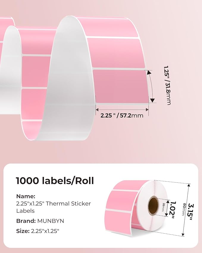 MUNBYN 2.25"x1.25" Thermal Sticker Labels, Pink Self-Adhesive Barcode Label Paper for Direct Thermal Printer and Business, Multi-Purpose Rectangle Address Shipping Mailing Stickers,1000 Sheets/Roll