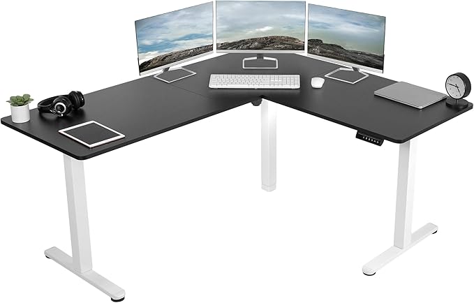 VIVO Electric Corner 63 x 55 inch L-Shaped Standing Desk, Memory Height Adjustment, Black Top White Frame, DESK-E3CTWB