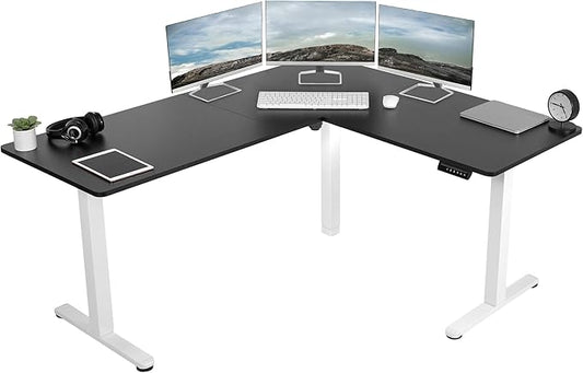 VIVO Electric Corner 63 x 55 inch L-Shaped Standing Desk, Memory Height Adjustment, Black Top White Frame, DESK-E3CTWB