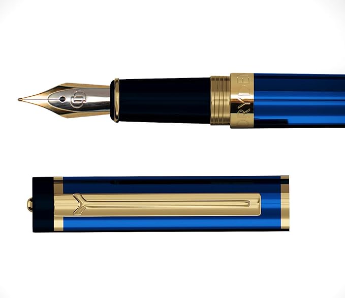 Dryden Designs Fountain Pen - Medium and Fine Nibs | Includes 24 Ink Cartridges and Ink Refill Converter | Calligraphy Pen, Consistent Writing, Smooth Flow - Mysterious Blue