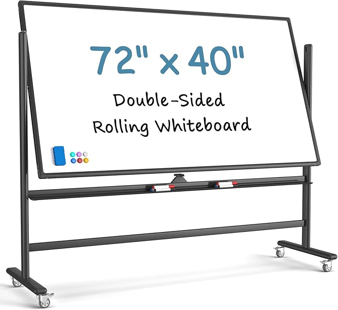 MaxGear Large Rolling Whiteboard with Stand, 72" x 40" Double-Sided Magnetic Dry Erase Board on Wheels, Reversible Standing Whiteboard Easel with Aluminium Frame for Classroom, Office, School, Black