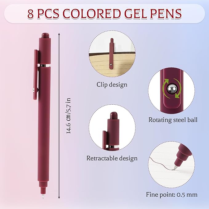 Thboxes 8Pcs Gel Pens for Journaling, 0.5mm Fine Tip Retractable Colorful Pens - Smooth Writing for Note Taking, Office & School Supplies, Valentine's Day Gifts for Women Teachers Kids