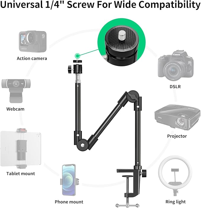 Webcam Stand Camera Mount with Phone Holder & 5/8" Screw, 22in Flexible Projector Stand Gooseneck Desk Mic for Logitech C922 C930e C920 C615 C960 Brio 4K, GoPro, Blue Yeti Snowball Ice