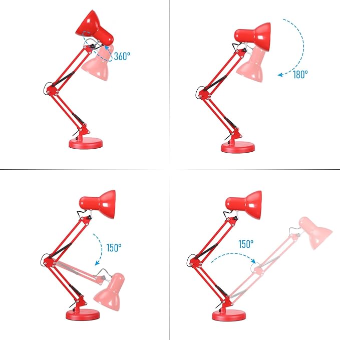 TORCHSTAR Metal Desk Lamp with Clamp, Swing Arm, Architect Adjustable Gooseneck Table Lamp, Clip Desk Lights for Home Office, Work, Study, Reading, E26 Base, Multi-Joint, Red