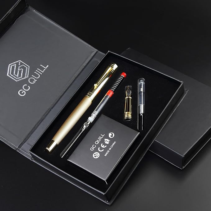 GC QUILL Fancy Fountain Pen Set – Fine and Medium Nibs, 18 Ink Cartridges, Ink Converter, Syringe Filler, Luxury Pen Gift for Men Women, Nice Pen for Writing Journaling (Gold)