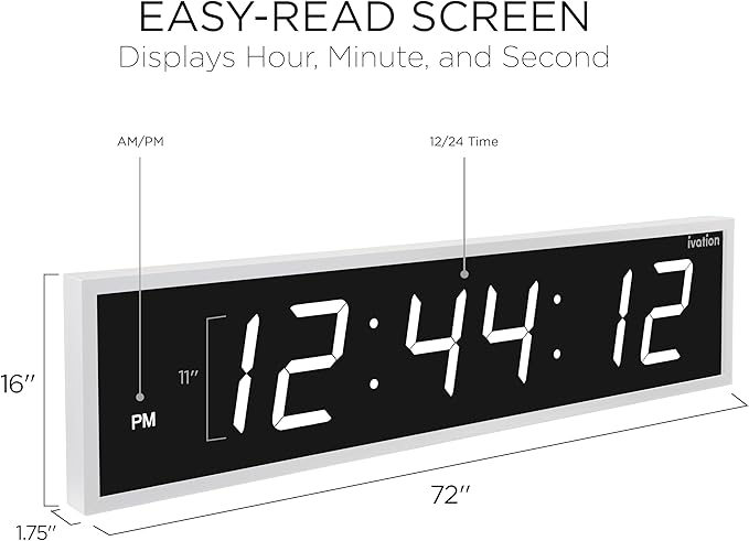 Ivation Huge Oversized 72" Large Digital LED Clock | Big Digital Clock w/Multi-Function Display – Stopwatch, Timer, Alarms, Temp & Date | 6 Brightness Levels, Time Memory & Remote (White)