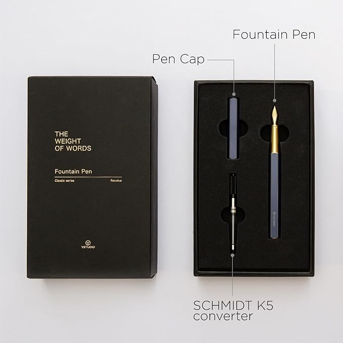 YSTUDIO Stunning Classic Revolve Fountain Pen, Schmidt Gilded Nib, Best Pen Gift Set for Men & Women, Professional, Executive Office, Nice Pens（blue，M nib）