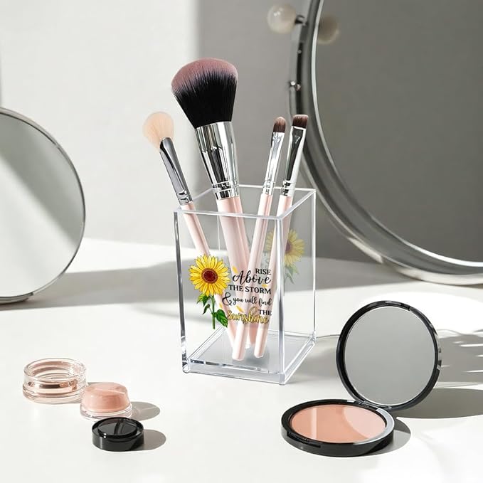 Vgrti Rise Above The Storm and You Will find The Sunshine Acrylic Cosmetic Pencil Pen Holder Cup, Positive Sunflower Desk Organizer Accessories for Home Office Decor, Motivational Gifts for Women Girl
