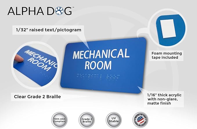 ALPHA DOG ADA SIGNS - Mechanical Room Sign with Braille for Your Business, 4x8 Inch, ADA Compliant, Indoor or Outdoor, Easy Installation, Made in the USA, Blue