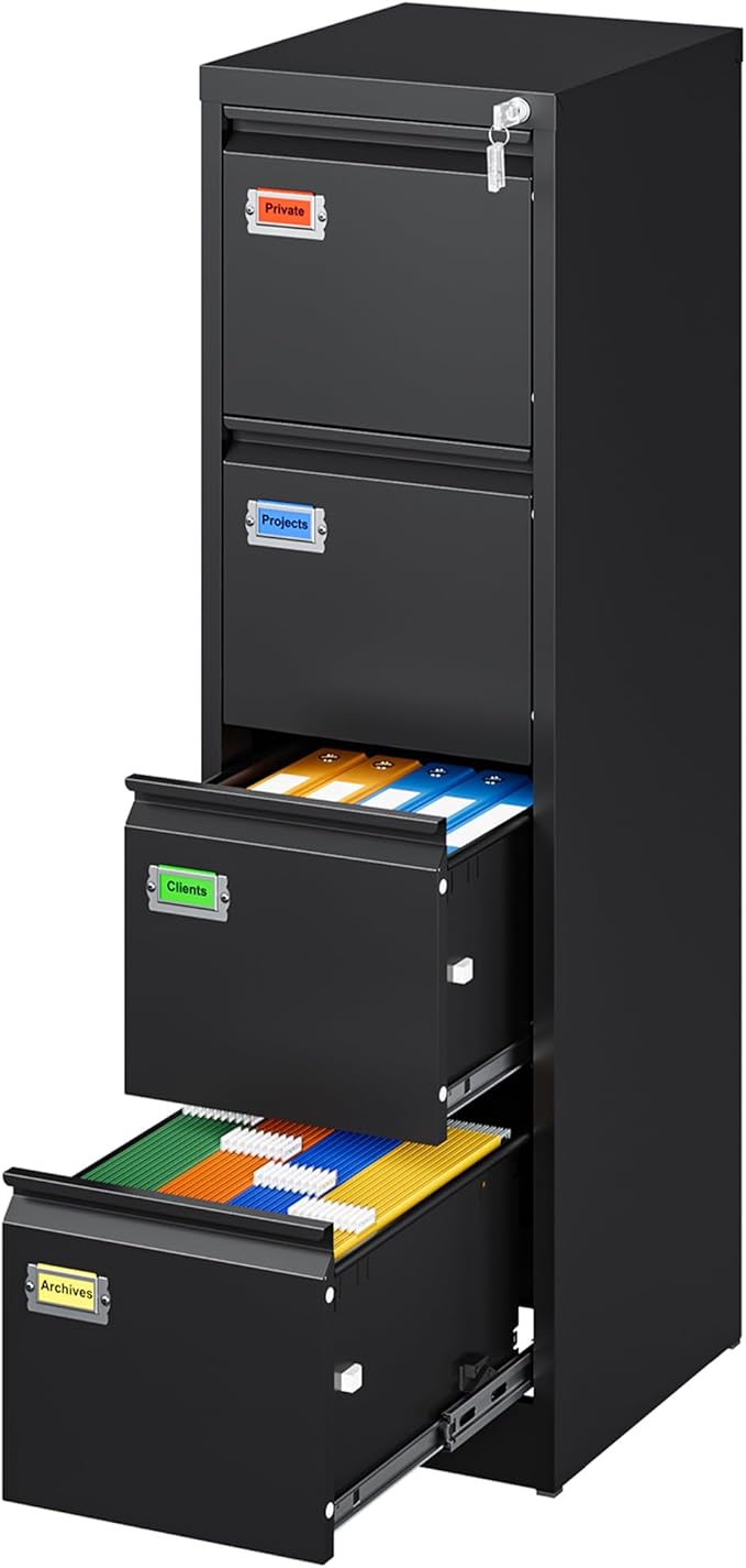 PEUKC 4 Drawer File Cabinet, Vertical Filing Cabinets with Lock, Metal File Cabinets for Home Office, Anti-Tip 4 Storage Drawers for Letter/Legal/A4/F4 Size (Assemble Required, Black)