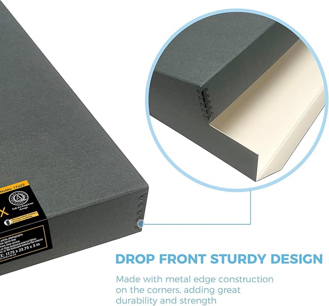 Lineco Museum Archival Storage Box, 17.75x22.75x3 in. Drop Front Design. Acid-Free with Metal Edge. Organize Photos, Pictures, Prints, Documents, Crafts, DIY. Gray, 1 Pack