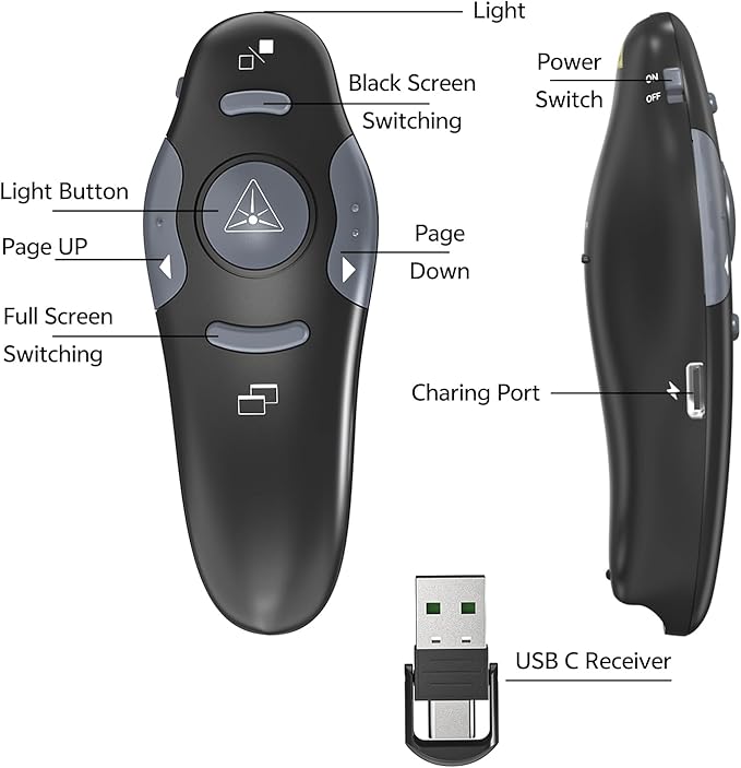 [4 Units] Presentation Clicker with 4 Cases: PowerPoint Wireless Presenter Remote USB Type C Rechargeable Red Laser Pointer Clickers Computer Project Mac PPT Slideshow Google Slide Advancer