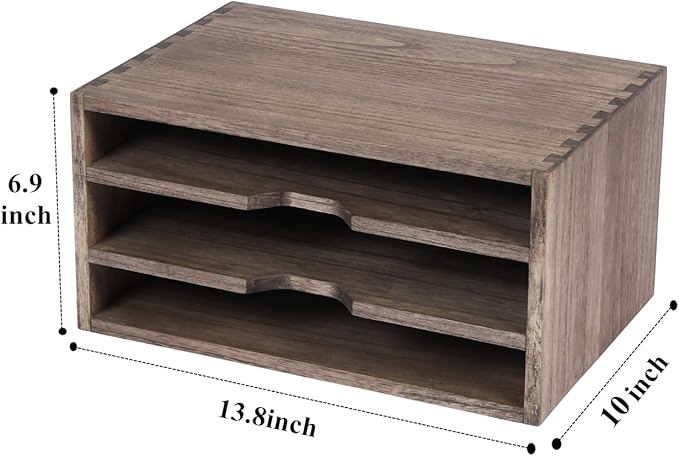 DDYURI 3-Tier Paper Storage Letter Tray File Sorter - Wood Desktop Document Organizer Holders with Mail Sorter, School & Home Magazine File Dividers for Office Accessories Dark(SJ3K-DK)