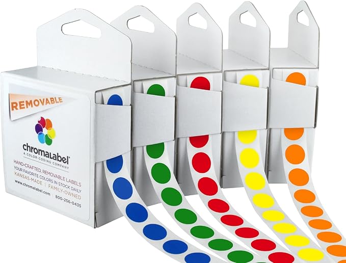 ChromaLabel Removable Color Code Dot Label Kit, 5 Assorted Standard Colors, 1000/Dispenser Box, 0.50 inch