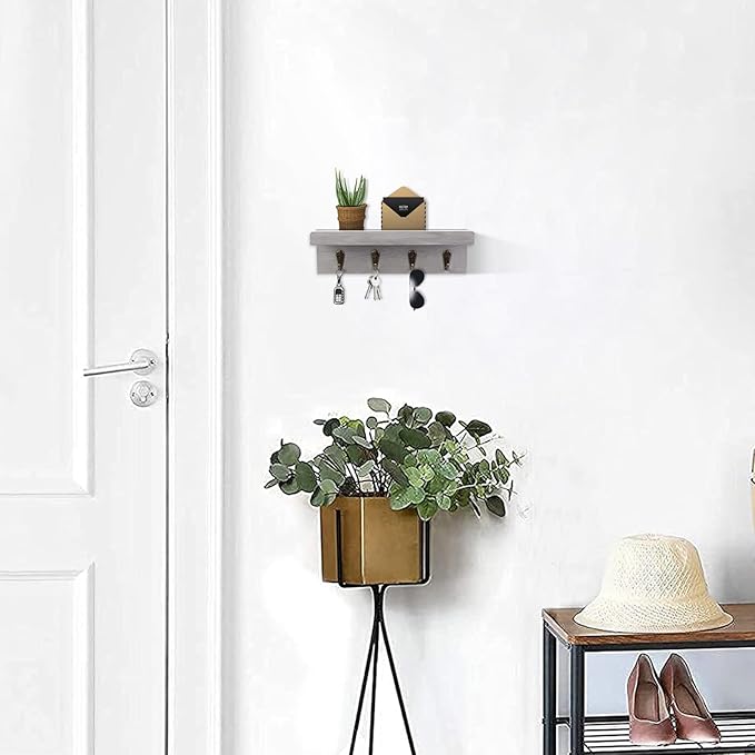 HRONRAD Rustic Key Holder for Wall, Farmhouse Wall Shelf with 4 Hooks, Wall Mounted Key Racks, Wooden Mail Organizer with Hooks for Entryway (Grey)