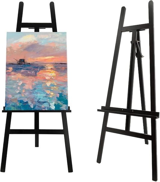 Stuelloaf Large A-Frame Wooden Painting Display Black Easel, Large Adjustable Pine Wood Standing Easel Holding Canvas Up to 60'', Solid Wood for Display, Wedding Sign or Painting-Black