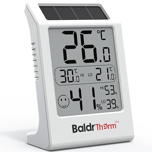 BaldrTherm Room Thermometer Indoor Humidity Meter, Solar-Powered 3.2'' Digital Temperature Sensor Monitor with Max/Min Reading, Comfort Indicator for Baby Room, Home, Office, White, 1Pack