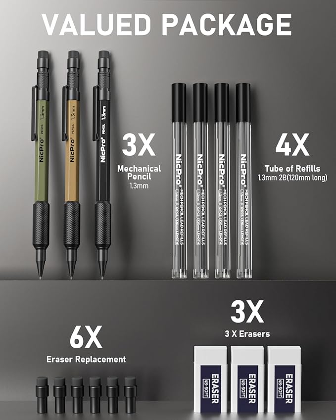 Nicpro 3 PCS 1.3 mm Mechanical Pencil Set 3 Colors with 48 Lead Refill, 3 Eraser - Weatherproof Metal MP2000 Heavy Duty Carpenter Pencil for Outdoor Marking Drafting Drawing Woodworking
