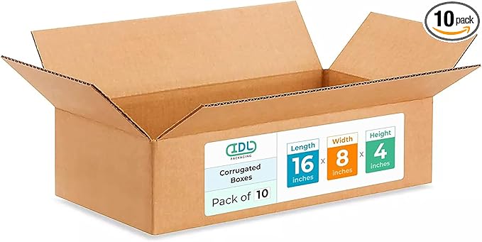 IDL Packaging - B-1684-10 Small Corrugated Shipping Boxes 16"L x 8”W x 4"H (Pack of 10) - Quality Choice of Sturdy Packing Boxes for USPS, UPS, FedEx Shipping