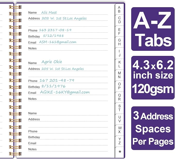 Address Book with Alphabetical Tabs - Telephone & Address Book with Address Contacts, Special Date, Phone, Birthday & Internet Login Password for Home and Office, 4.3" x 6.2", Purple