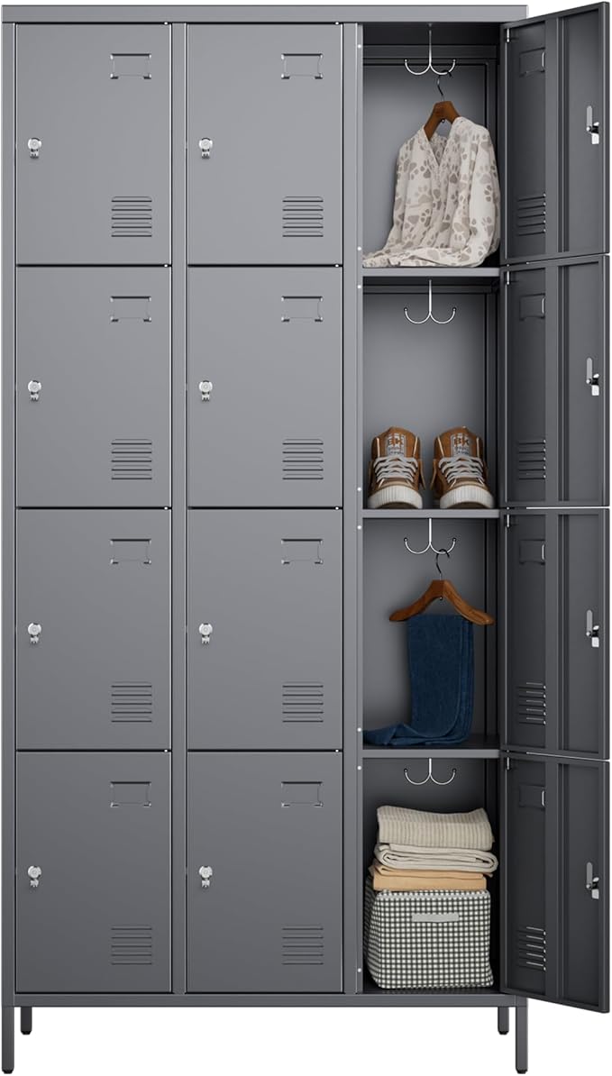 SUPEER Metal Lockers for Employees with 12 Door and 12 Hooks,Metal Storage Locker with Lock for School Office Gym Bedroom,Assembly Required,Dark Grey