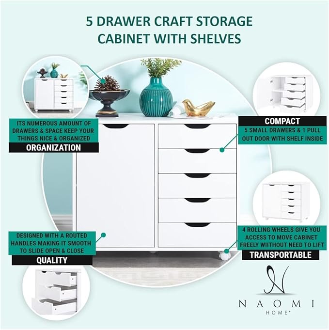 Naomi Home Amy 5-Drawer Craft & Office Storage Cabinet with Shelf, – Rolling Organizer with Pull-Out Door, Adjustable Shelves for Versatile Use, 15.7" D x 18.9" W x 32.2" H