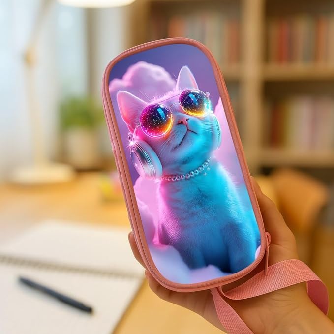 HiGaits Pencil Case for Boys,Multi-Slot Large Capacity Pencil Pouch with Soft Zipper, Durable Pen Box Pink Cat