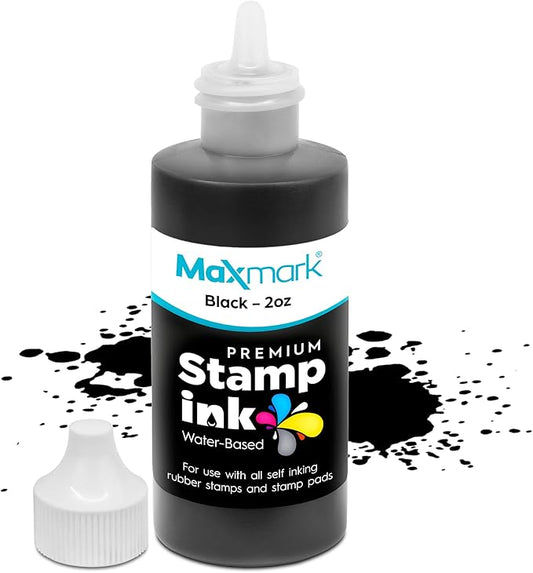 MaxMark Premium Refill Ink with Control Tip Bottle for Self-Inking Stamps, Black Color - 2 oz.