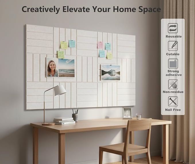 G Gamit Large Felt Wall Tiles Bulletin Board 59”x36”,Large Cork Board Alternative with 60 Pushpins, 15-Pack Felt Pin Board with 112 Safe Removable Adhesive Tabs for Home Office School (Oatmeal)