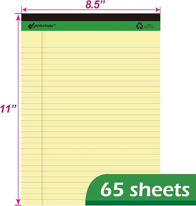 KAISA Yellow Legal Pads Writing Pads Recycled Paper 8.5"x11.75" Wide Ruled Perforated 50 sheets Hard Back Notepads 8-1/2"x 11-3/4" Writing Tablet Canary For Office Supplies (Canary 3pads)
