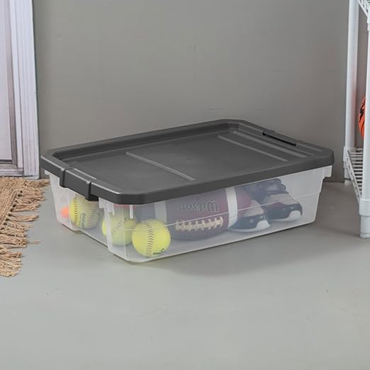 Sterilite 18-Pack Modular Stacker Box, Durable Clear Plastic Storage Bins with Latching Lids, 40 Quart - Stackable Organizing Container Boxes for Closet, Bathroom, and Office