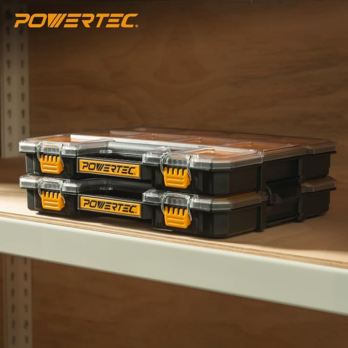 POWERTEC Small Parts Organizer & Tool Box – 20 Compartments, IP65 Water & Dust Protection, Stackable Storage with Interlocking Latch, Removable Bin, Divider, Clear Lid, Portable Design, 2PK (72366-P2)