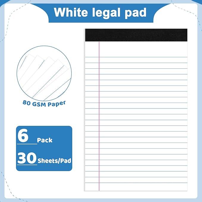 Thboxes 6 Pack Legal Pad 5x8, 180 Sheets Small Note Pad College Ruled Writing Pad Perforated Notepad for School, Office, To-Do Lists Grocery List Shopping List, 30 Sheets White