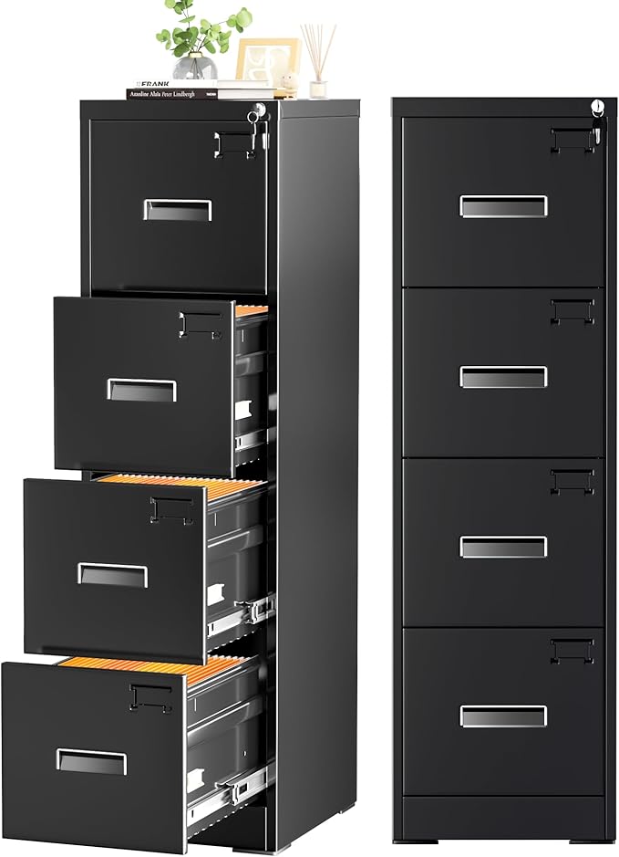 INTERGREAT 4 Drawers File Cabinet with Lock, 18" D Metal Black Vertical Filing Cabinet for Hanging Folders, Easy Assemble