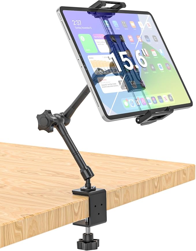 INSSKY Metal Kitchen Tablet Stand, Fit for 6.1-15.6" Devices, Magic Long Arm Mount for Cabinet, Desk, Table, with 360° Foldable Rotation Aluminum Holder, Compatible with iPad Pro/Air/Mini, Galaxy Tab