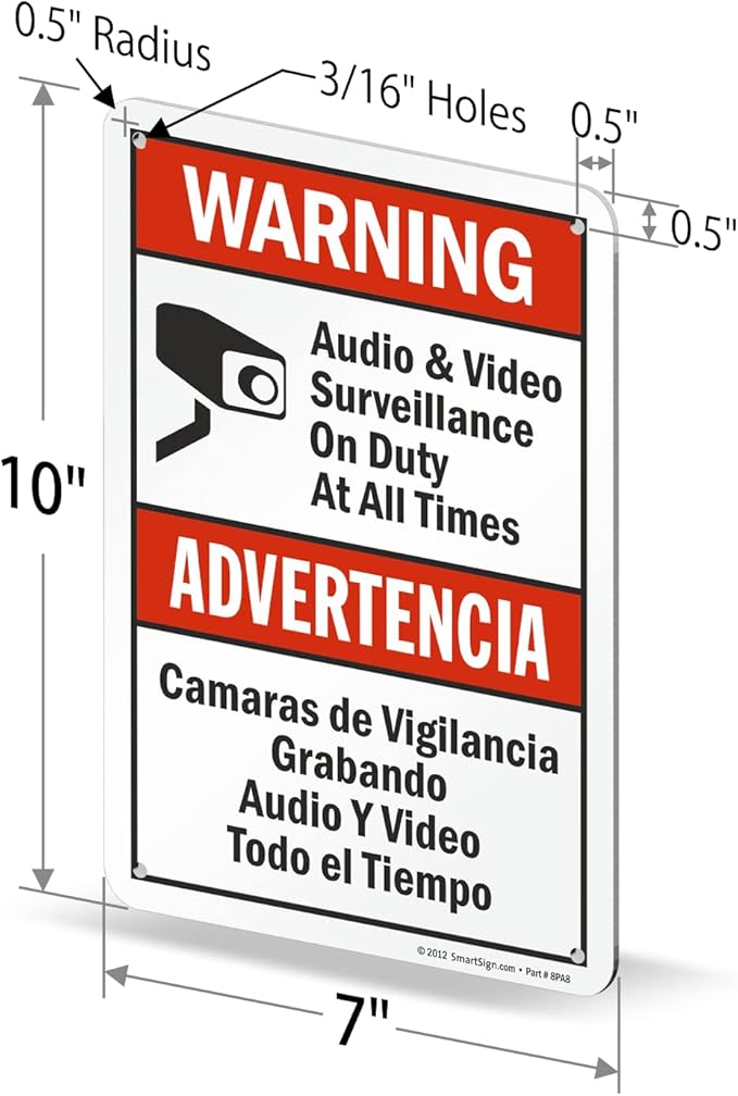 SmartSign 10 x 7 inch “Warning - Audio & Video Surveillance On Duty At All Times” Bilingual Sign, Digitally Printed, 55 mil HDPE Plastic, Red, Black and White, Made in USA