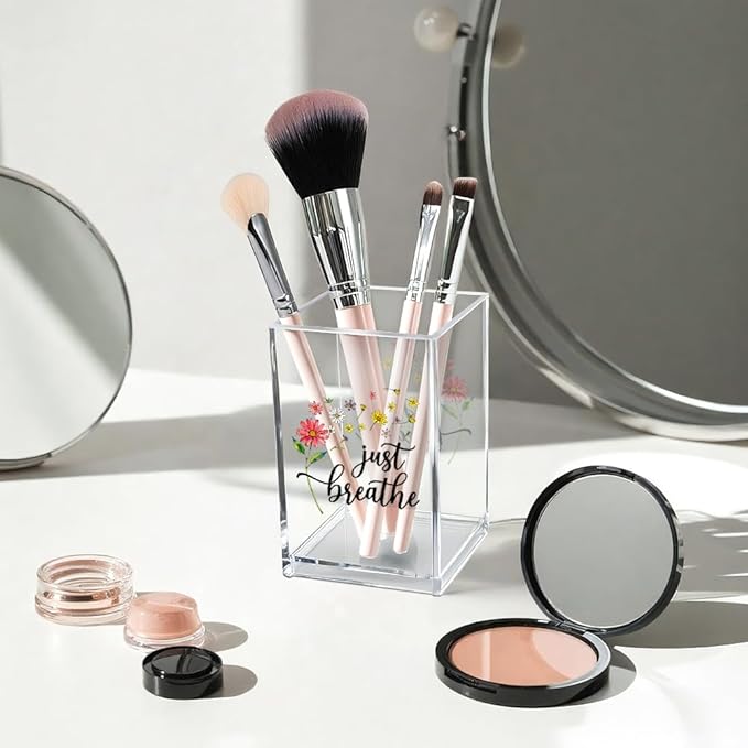 Vgrti Just Breathe Acrylic Cosmetic Pencil Pen Holder Cup, Inspirational Dandelion Desk Organizer Accessories for Home Office Decor, Encouragement Gifts for Women Girl Coworker Daughter Yoga Teacher