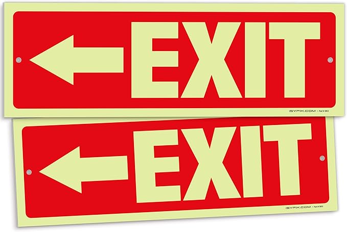 iSYFIX Exit Signs with Directional Left Arrow - 2 Pack 12x4 Inch Glow in the Dark for Business, School, Office, Warehouse - Durable 40 Mil Polystyrene, UV Laminated, Waterproof, Scratch & Fade Resistant